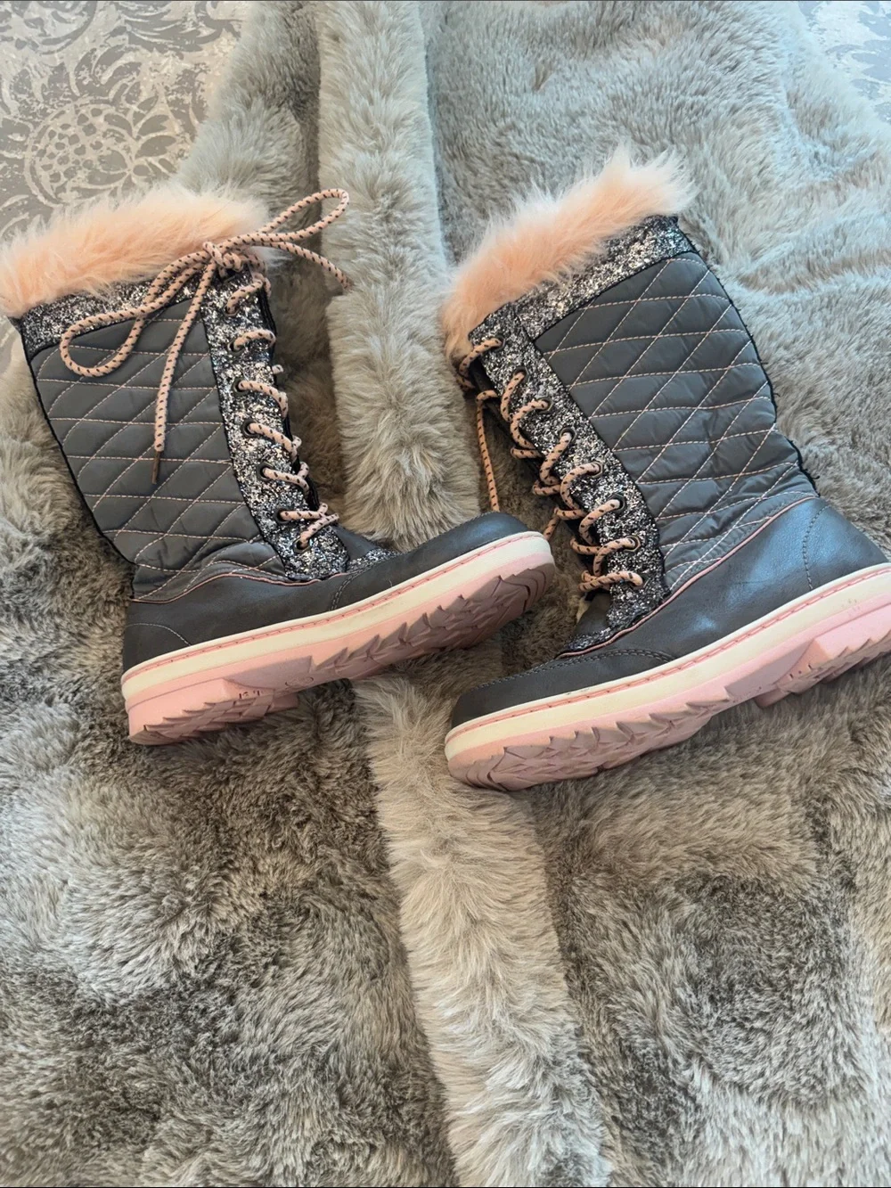 Justice Girls Quilted Gray Winter Boots with Pink Trim and Sparkles